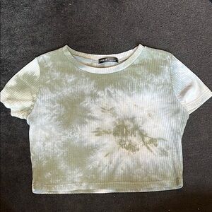 SHEIN Green and Cream Ribbed Crop T-Shirt